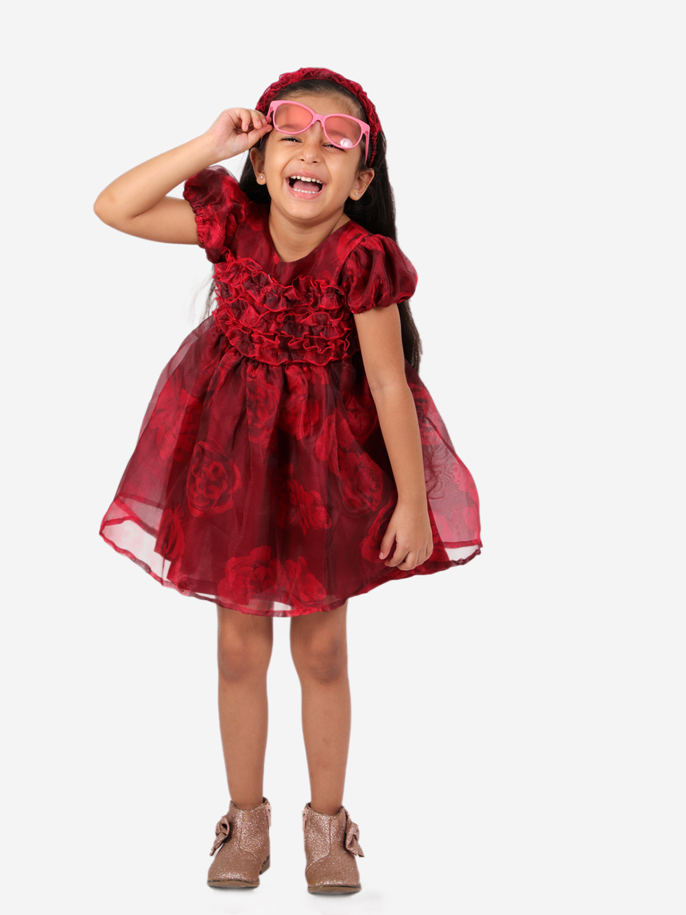 Elegant Red Organza Floral Dress