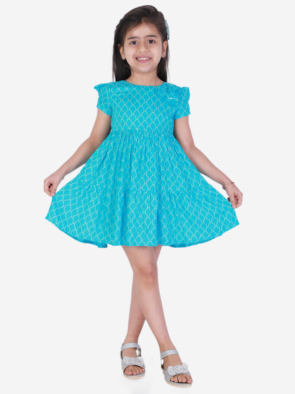 Chic Blue Puff Sleeves Fit and Flare Dress