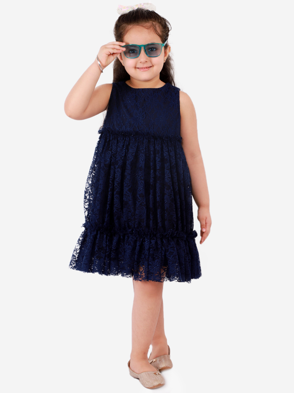 Elegant Navy Blue Sleeveless Pleated Net Party Dress