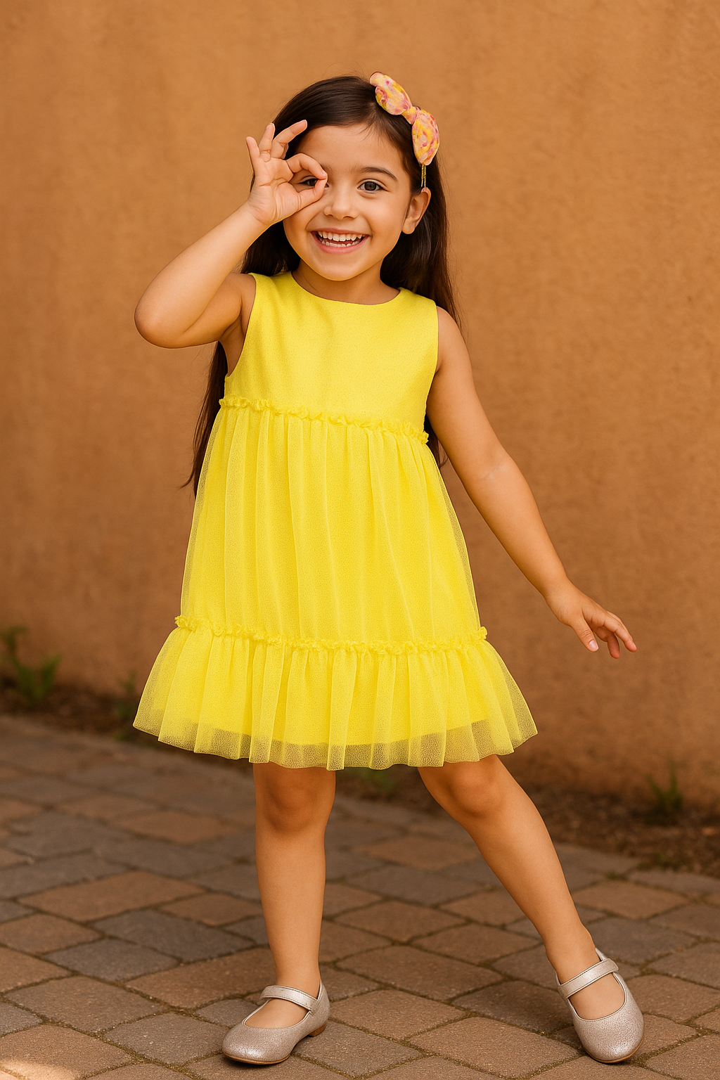 Radiant Yellow Glitter Net Pleated Dress