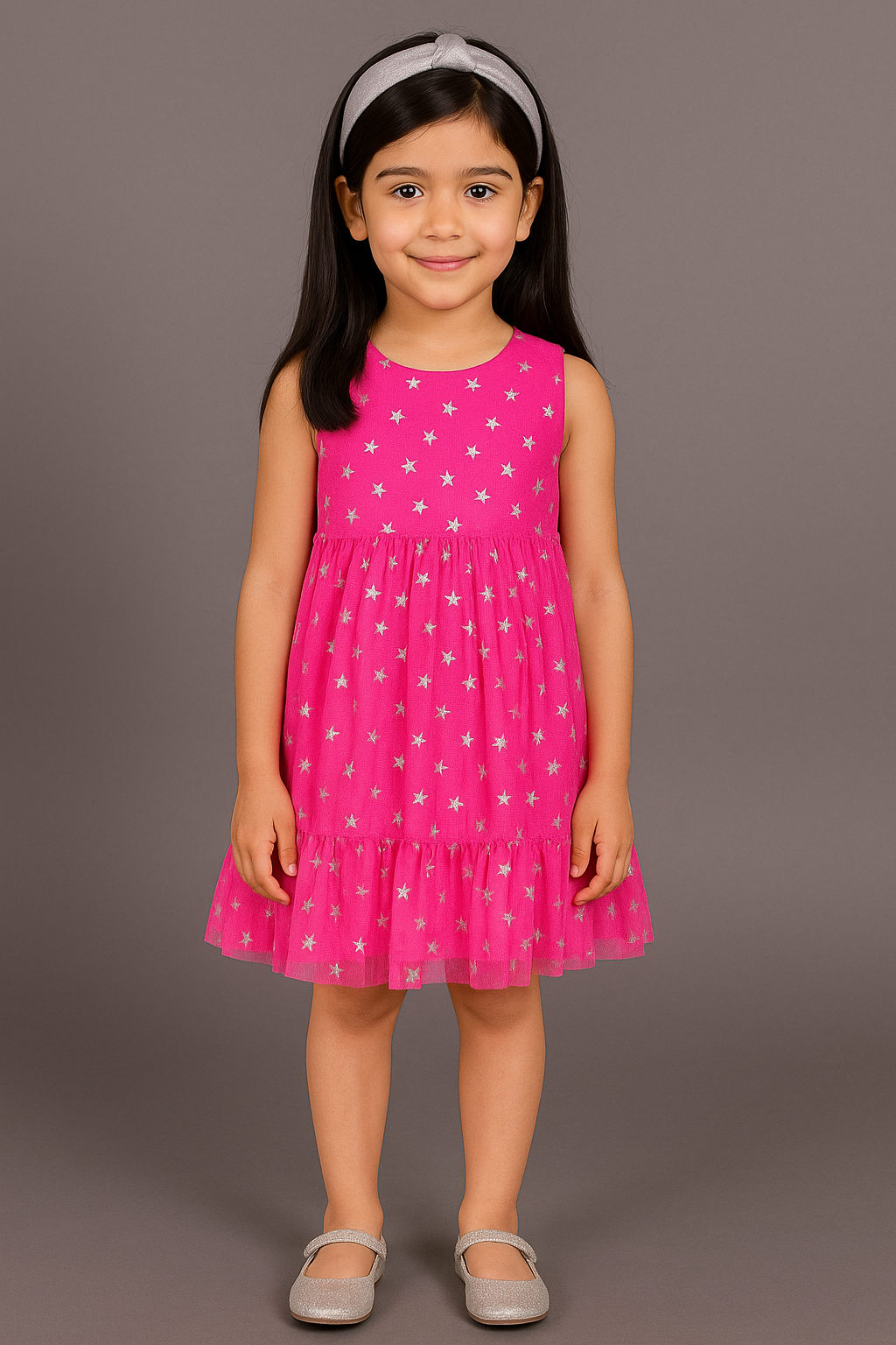 Mesmerizing Magenta Glitter Net Pleated Dress