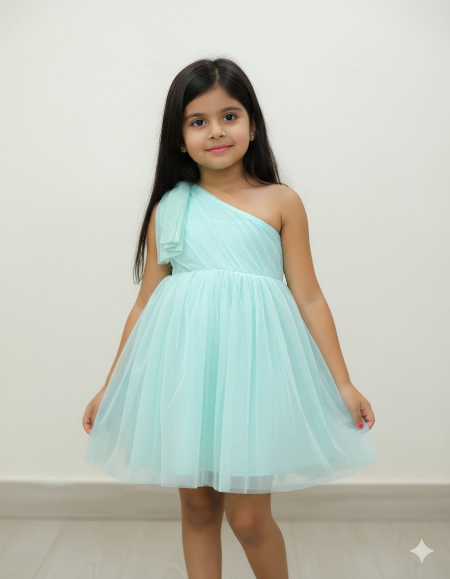 Mint Shimmery One Shoulder Party Dress for Kids