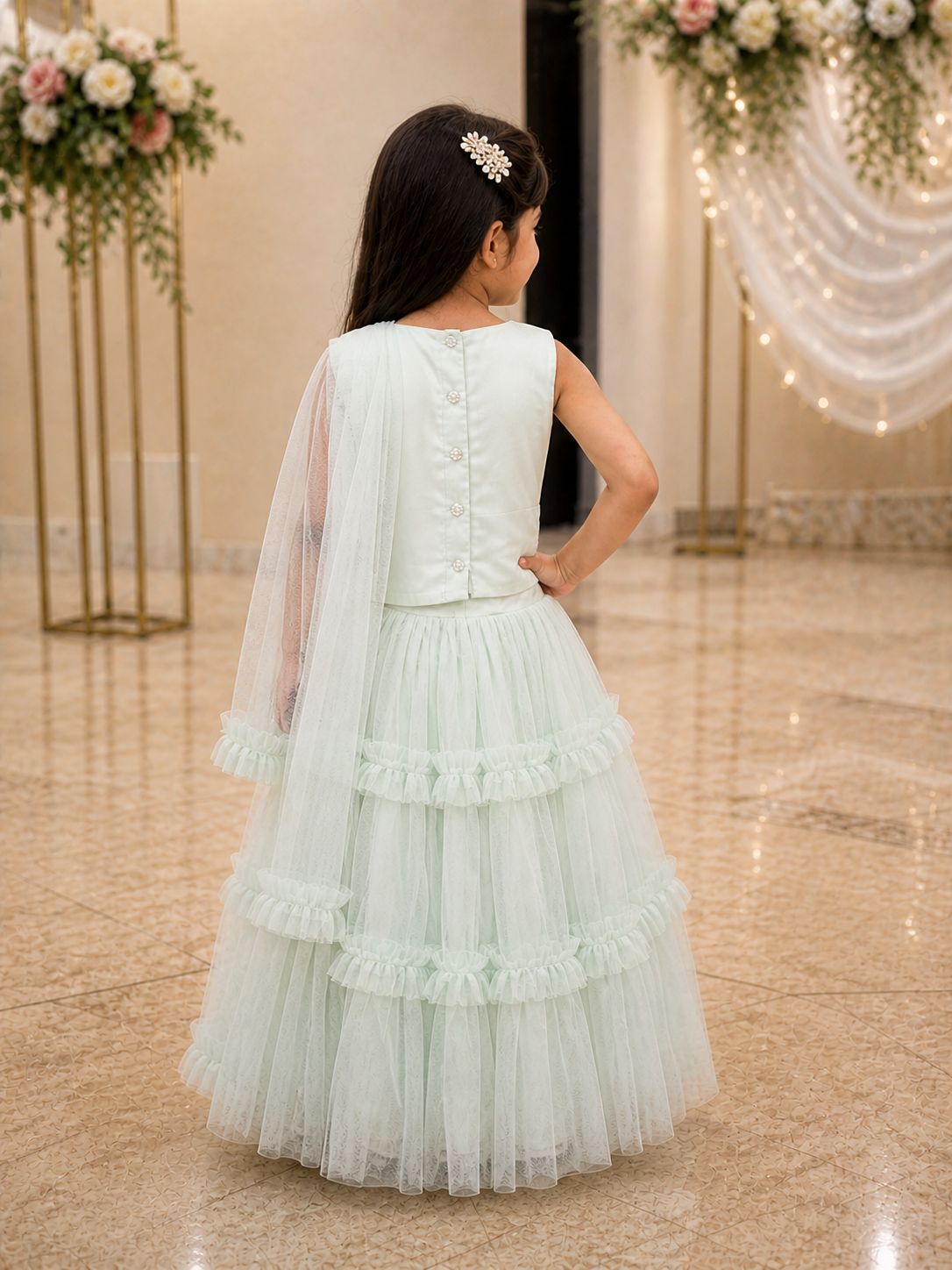 Pastel Mint Floral Embroidered Lehenga view 3
