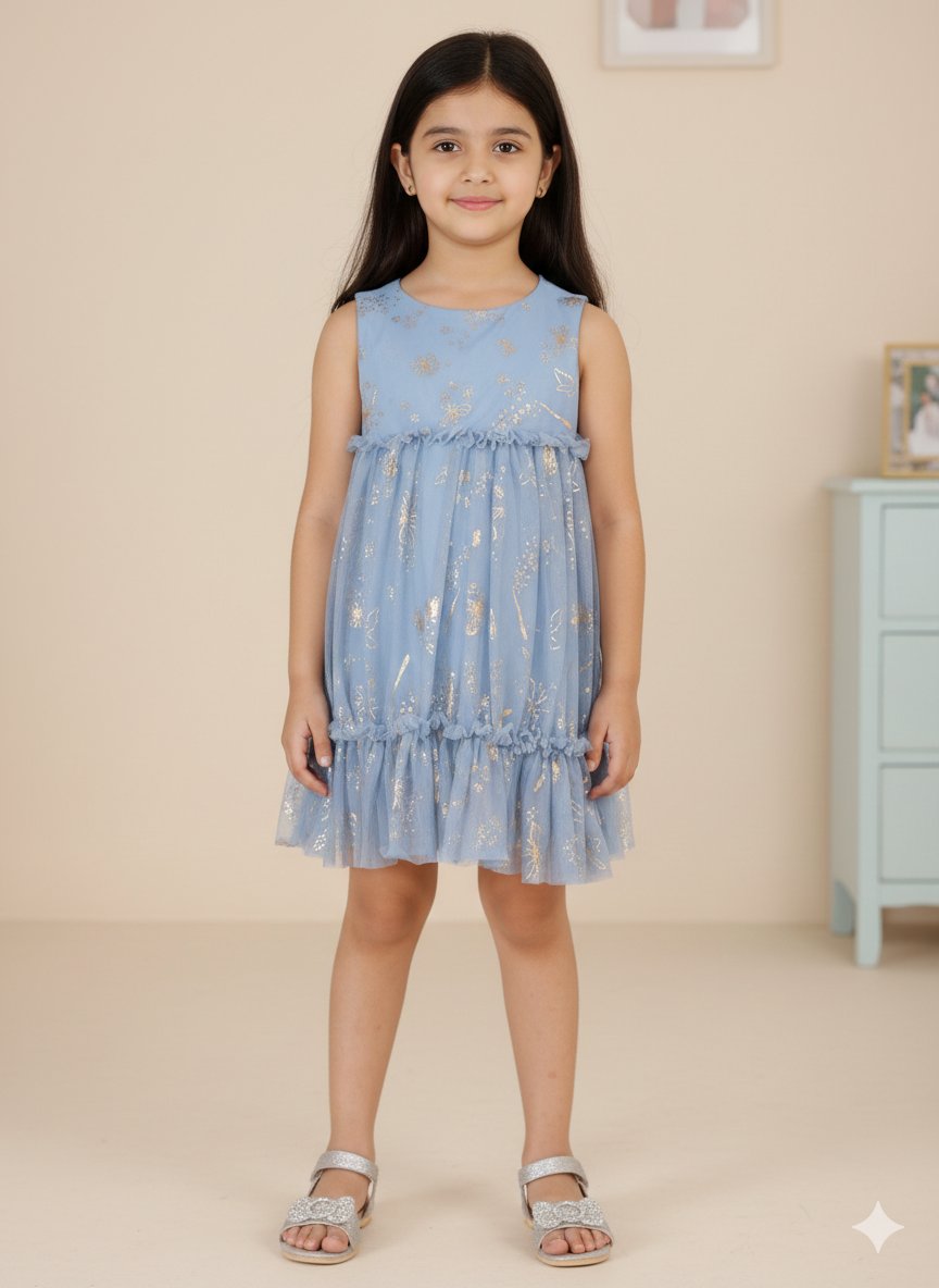 Elegant Blue Glitter Net Pleated Dress