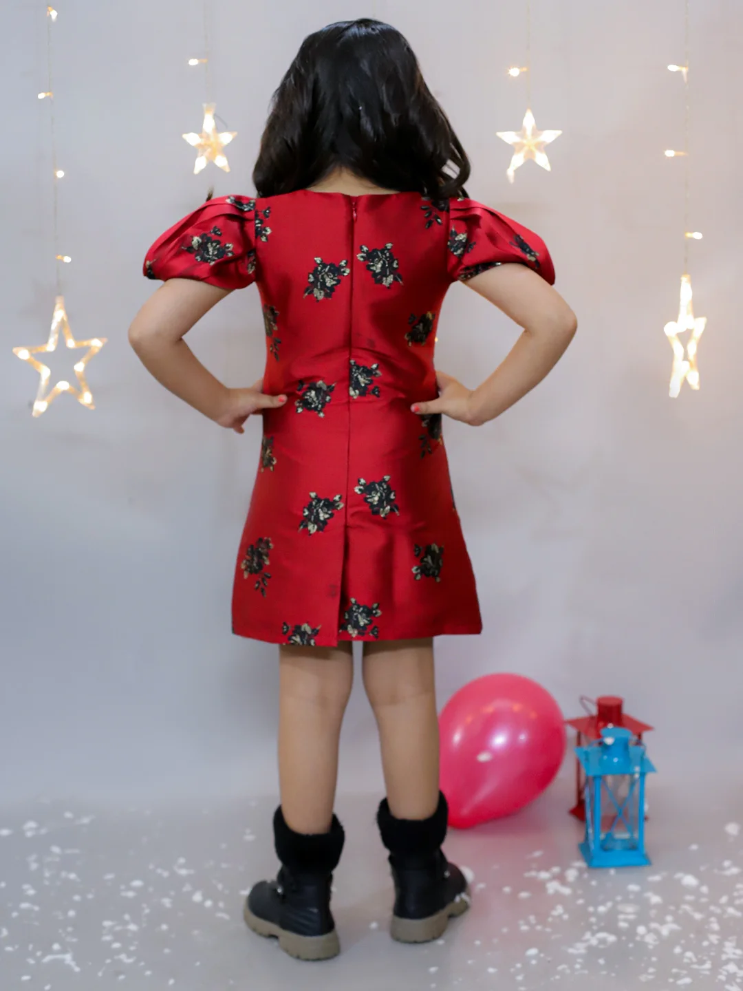KIDSDEW PUFF SLEEVES A-LINE KNEE LENGTH JACQUARD DRESS RED view 5