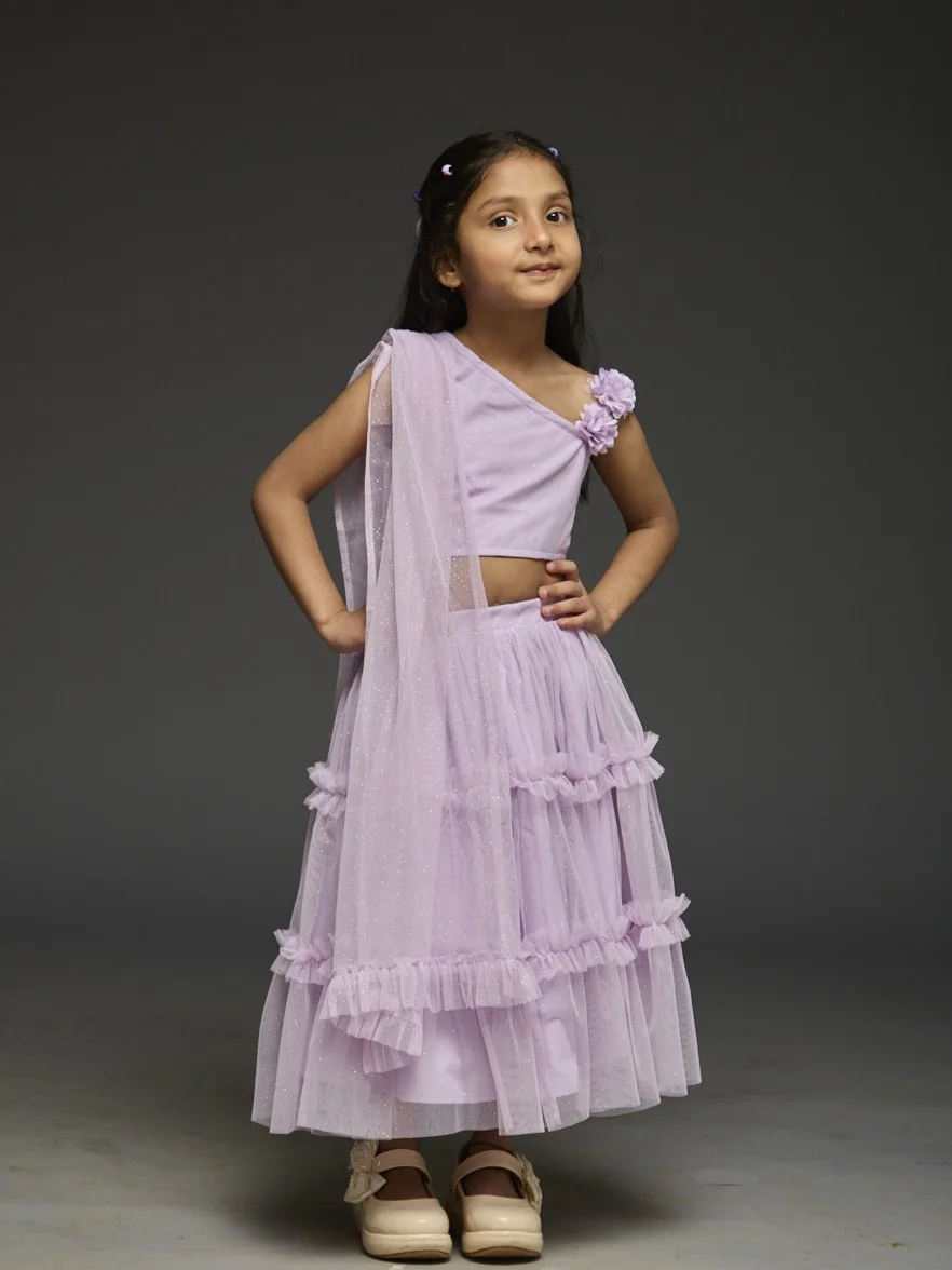 Kidsdew Sleeveless Net Fit and Flare Lehenga Choli Set