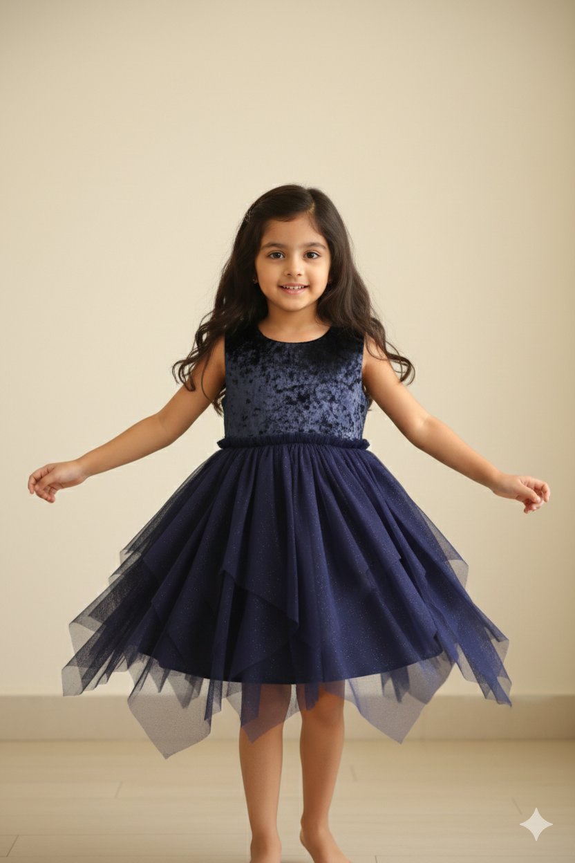 Chic Navy Velvet and Glitter Net Party Dress