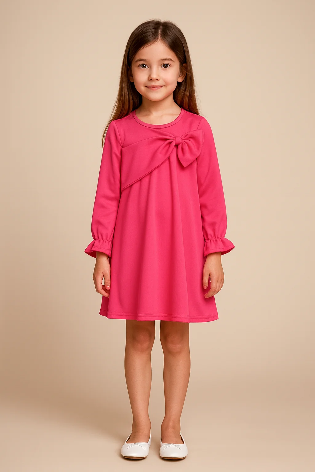 Kidsdew full sleeves Scuba A- line knee length dress with side bow fuchsia