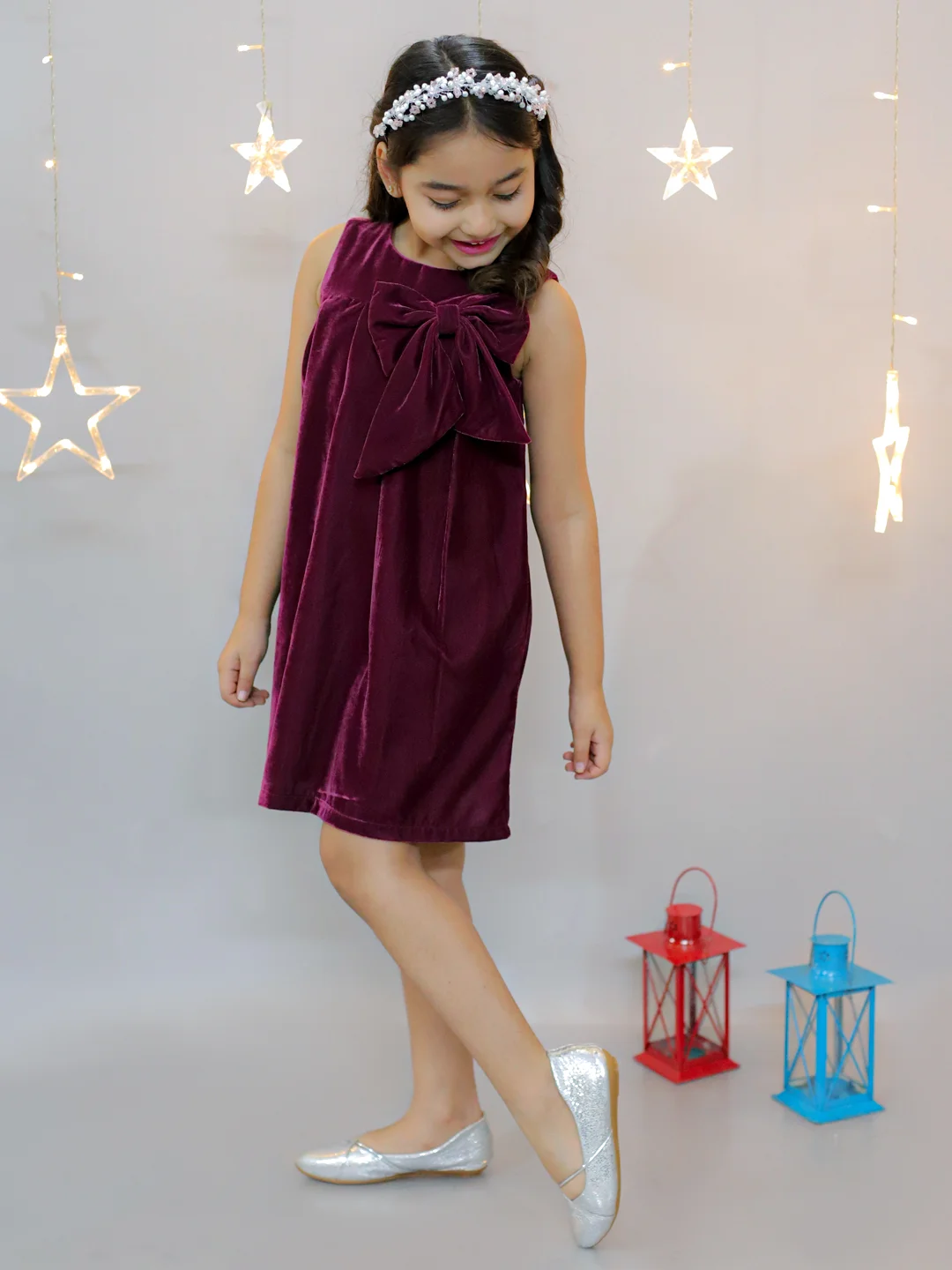 KIDSDEW SLEEVELESS A-LINE VELVET WITH BOW KNEE LENGTH PARTY DRESS WINE view 5