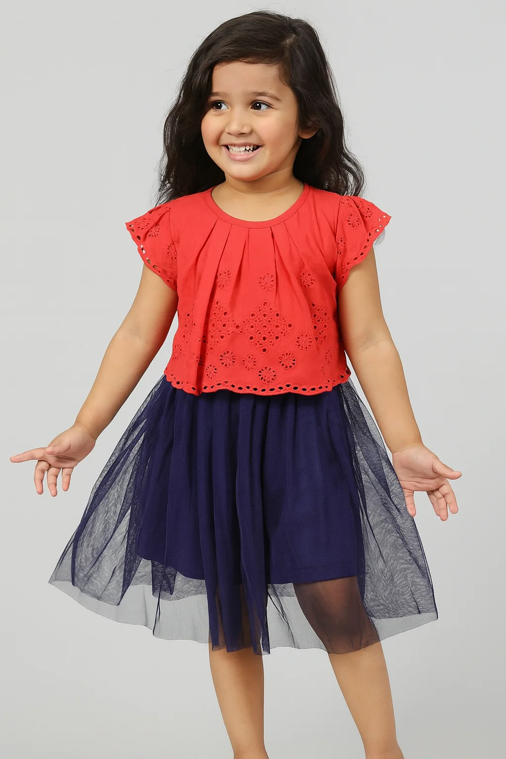 Timeless Elegance: Red & Blue Schiffli Cotton Dress