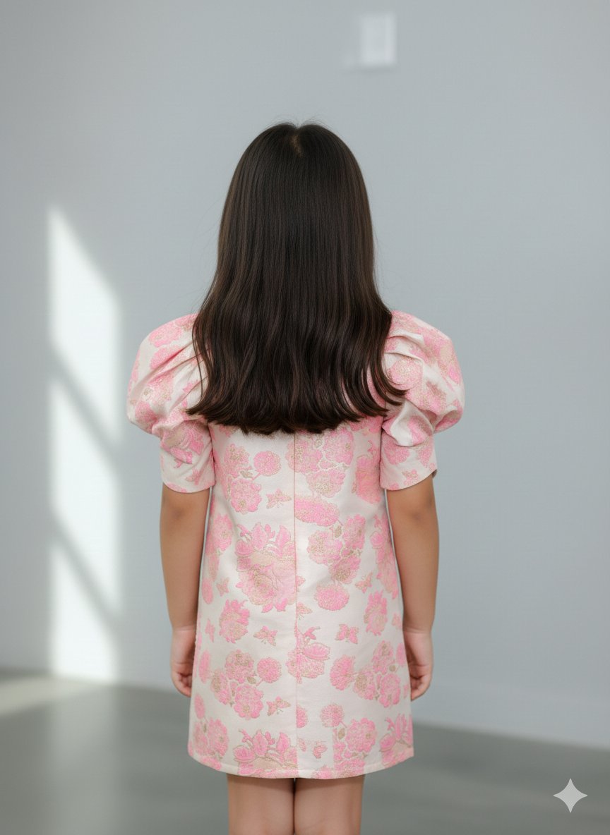 Navy Jacquard Puff Sleeves A-Line Dress view 2