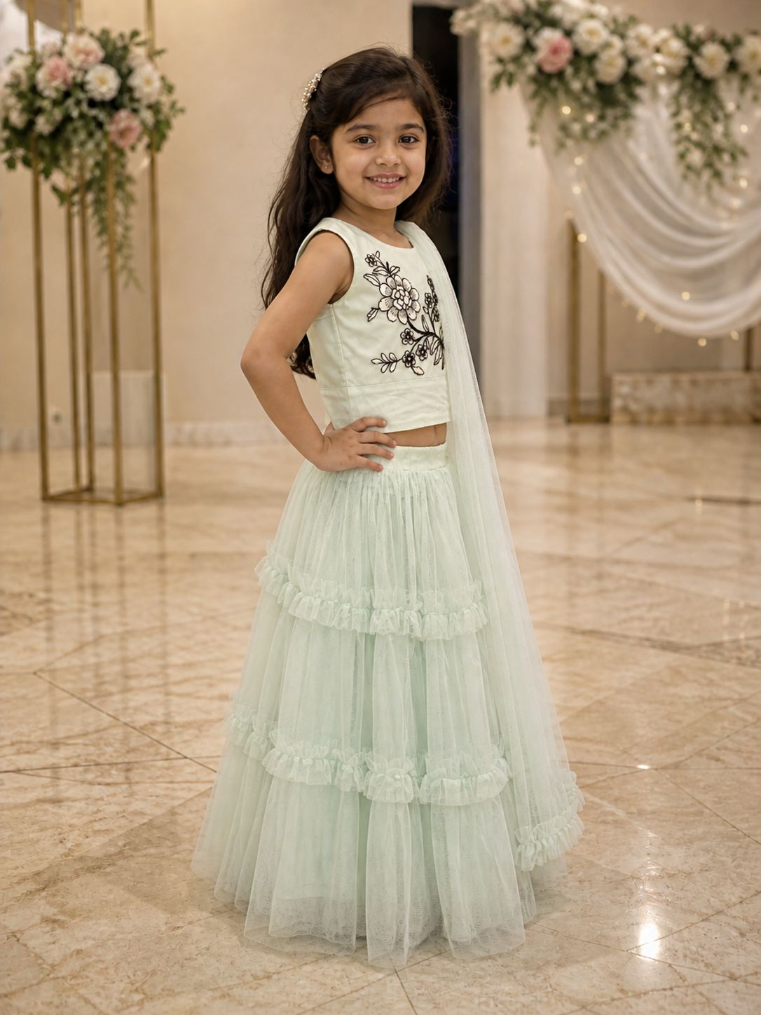 Pastel Mint Floral Embroidered Lehenga view 2
