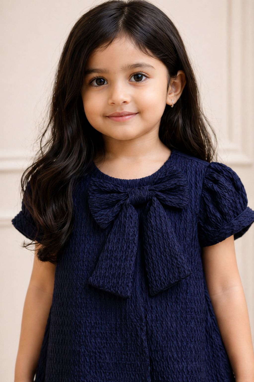 Classic Navy Blue Textured Bow Dress view 2