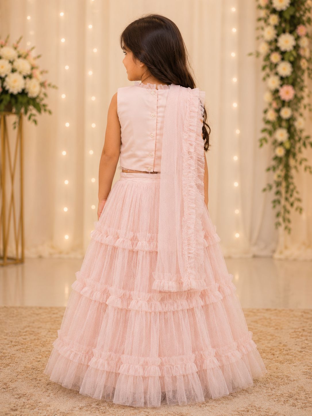 Girls Printed Net Ready to Wear Lehenga & Blouse With Dupatta view 3