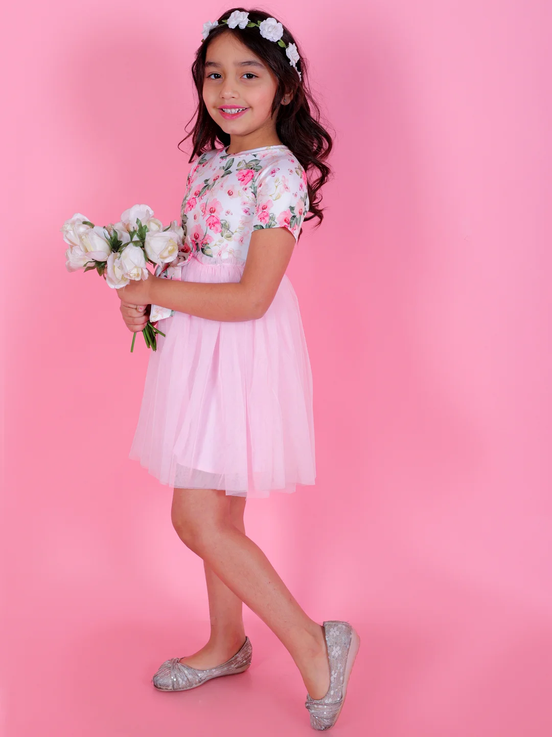 Half sleeves knee length ponte and net fit and flare casual dress with bow pink view 5