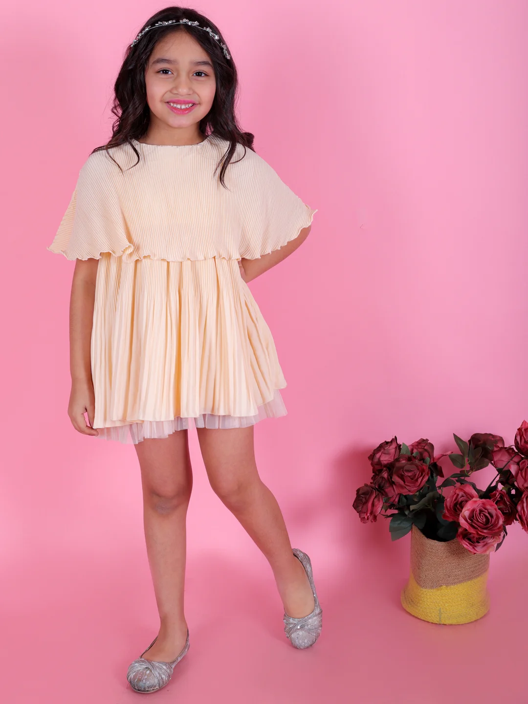 KidsDew double pleated layered cape Fit and flare knee length casual dress beige