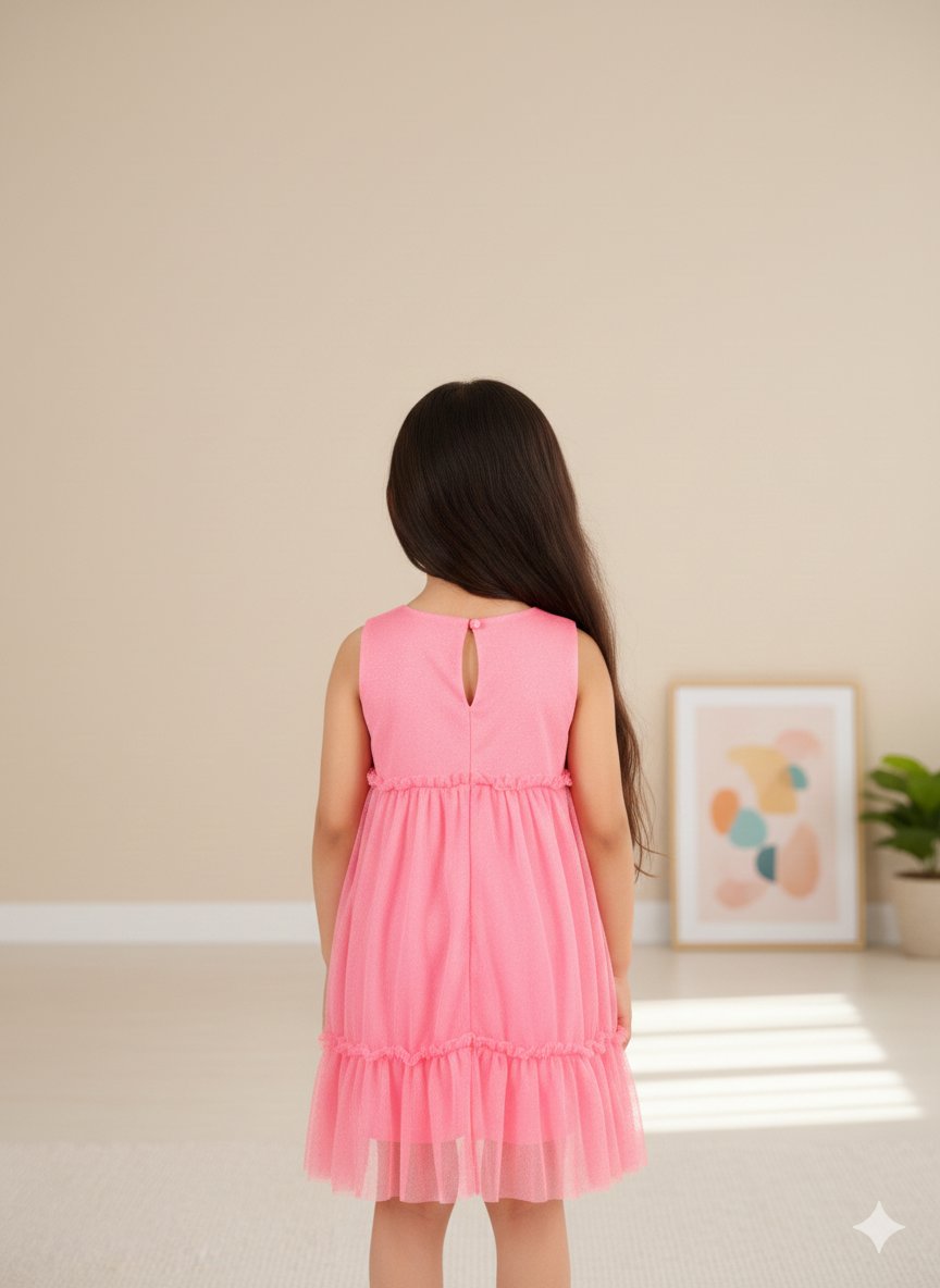 Elegant Dark Pink Glitter Net Pleated Dress view 2