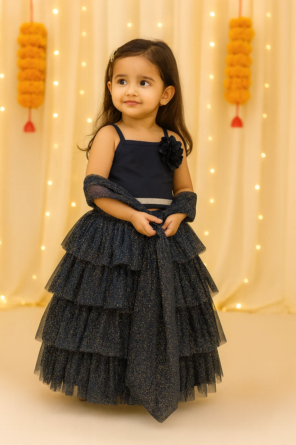 KidsDew Flared Glitter Net Lehenga Choli Navy