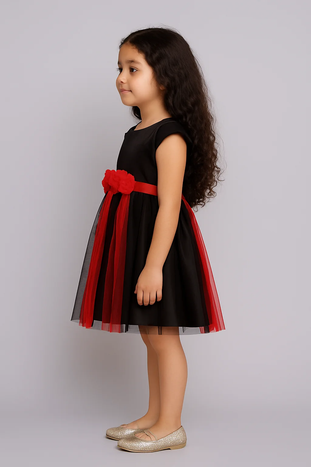 Elegant Black and Red Bouquet Tuil Dress view 3