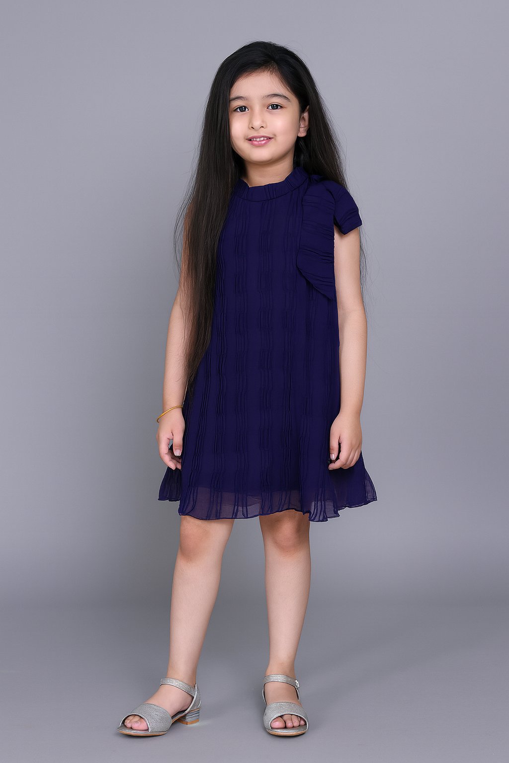 Elegant Navy Pleated Dress with Side Bow