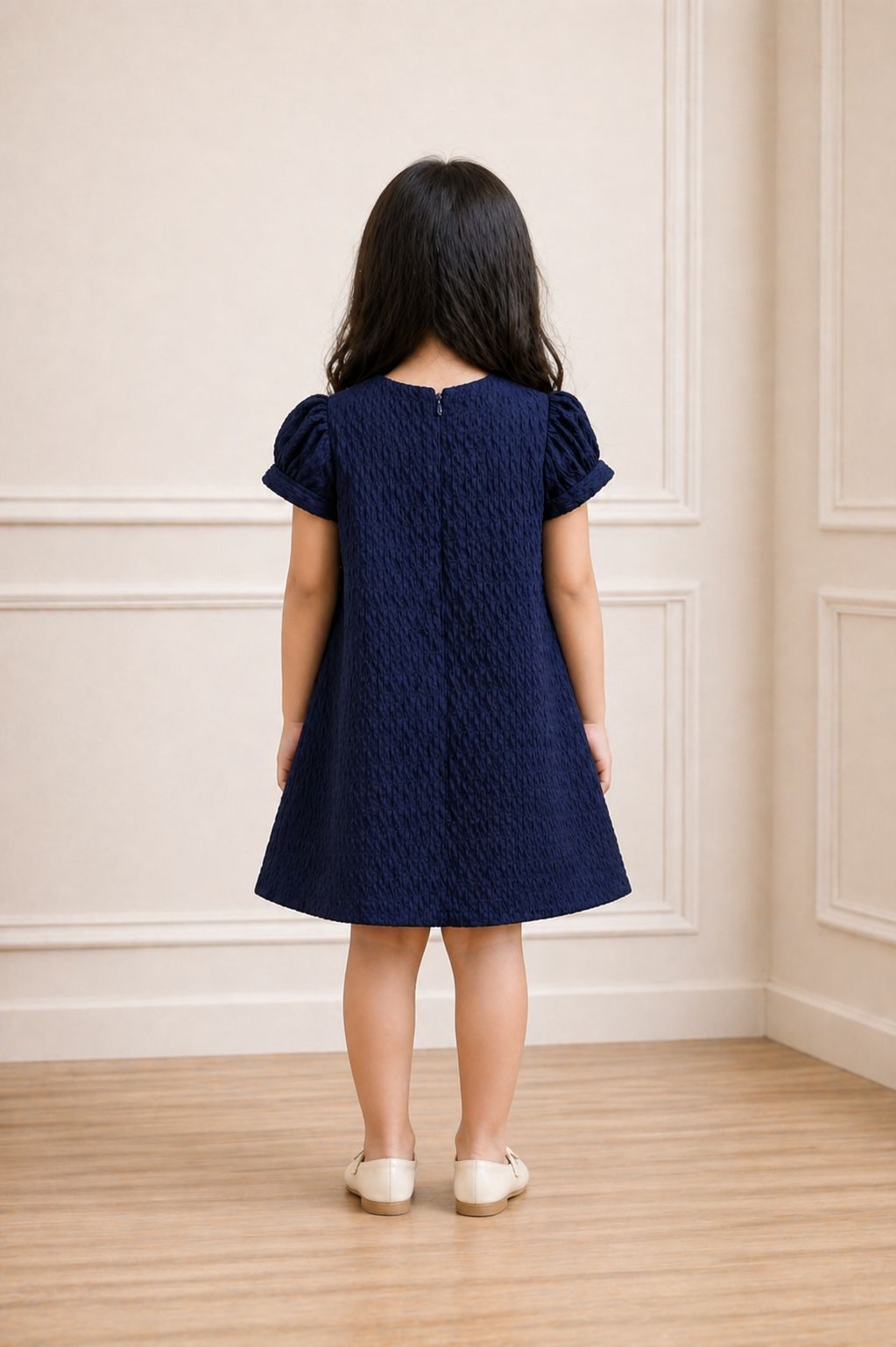 Classic Navy Blue Textured Bow Dress view 4
