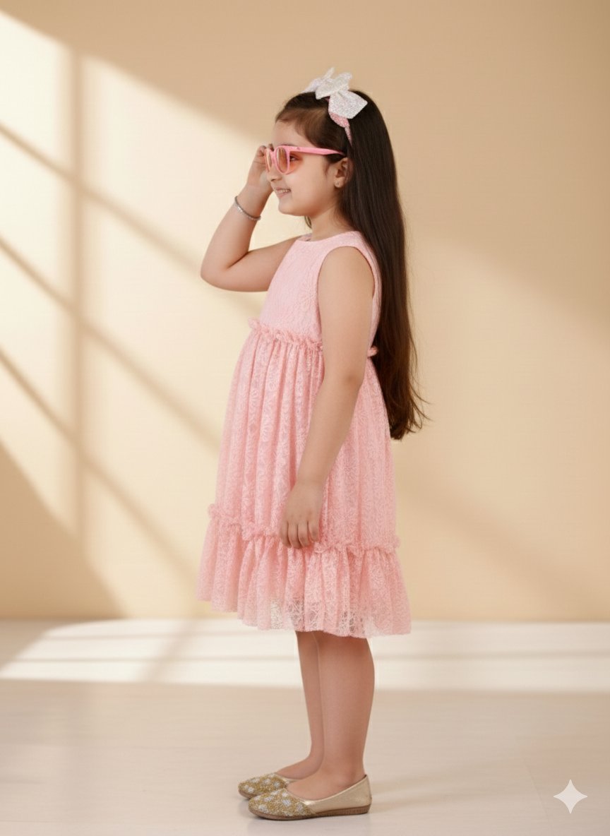 Charming Peach Sleeveless Pleated Net Party Dress view 3