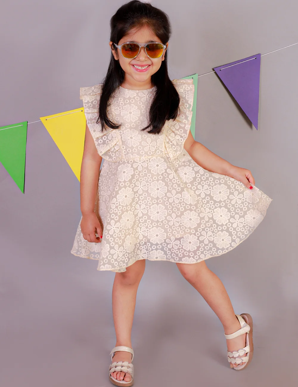 Elegant Beige Embroidered Organza Dress