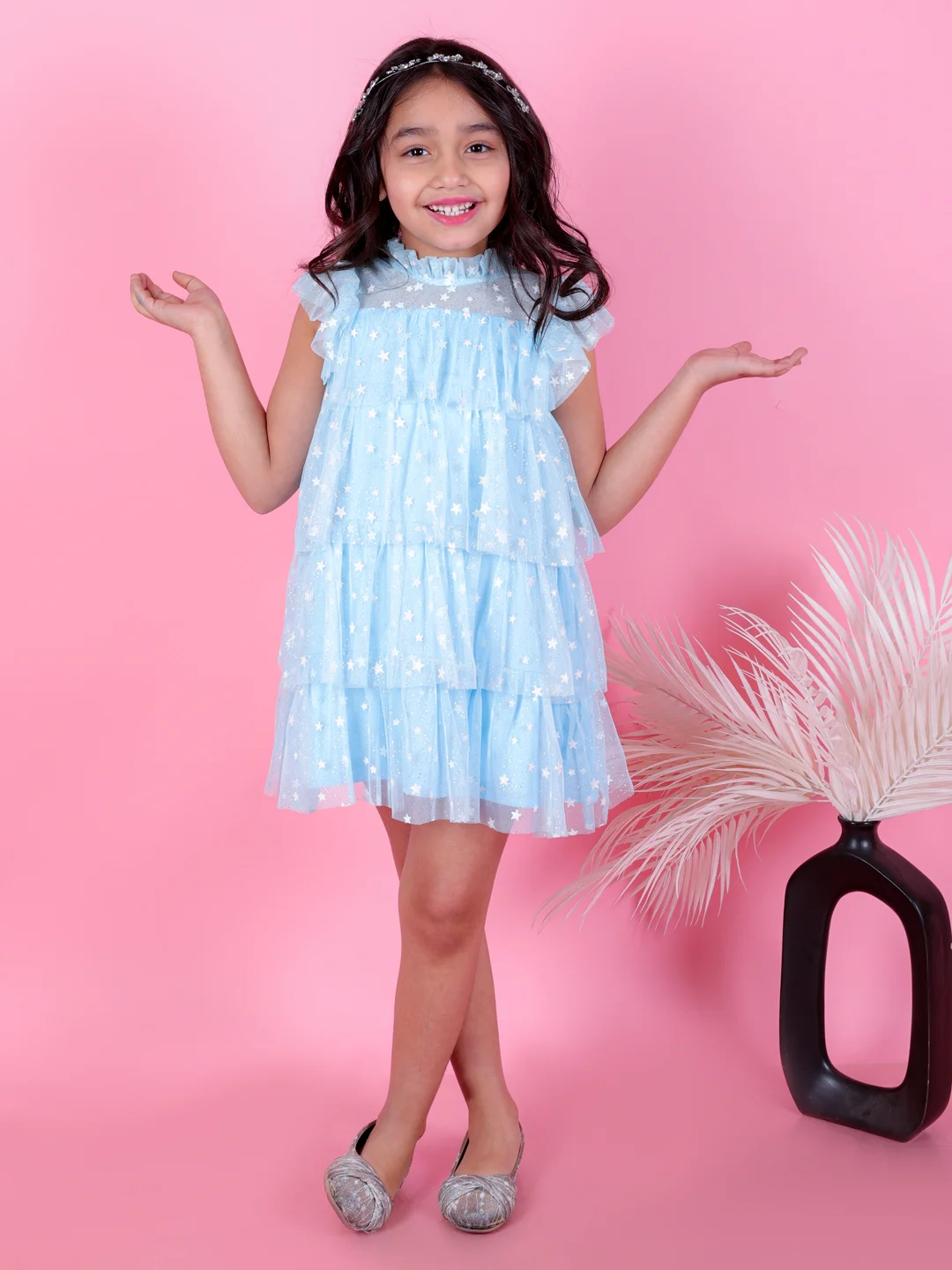 Sleeveless Layered Dress Knee Length Star Foiled Net Party Dress Blue