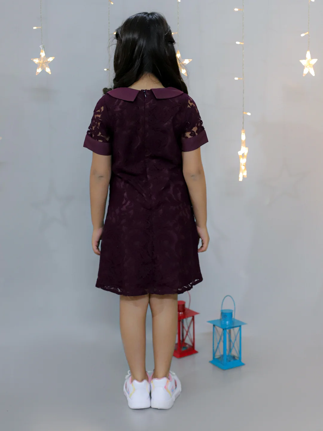 KIDSDEW HALF SLEEVES KNEE LENGTH A-LINE DESIGN NET DRESS WITH PETERPAN COLLAR WINE view 4
