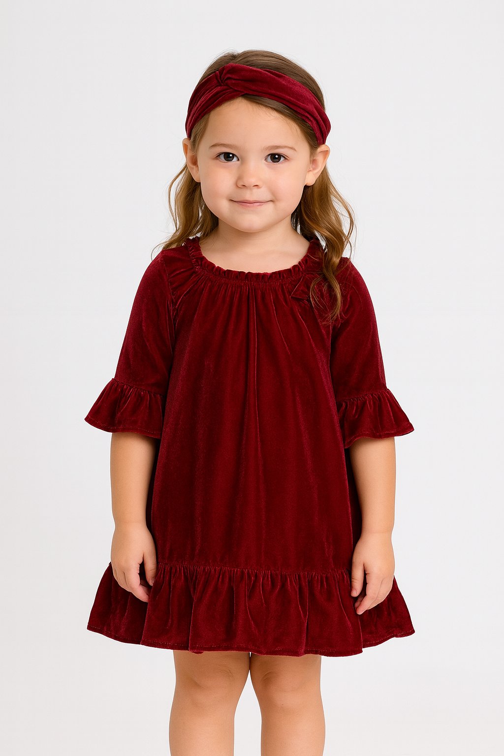 Luxurious Maroon Velvet Full Sleeves A-Line Dress for Girls