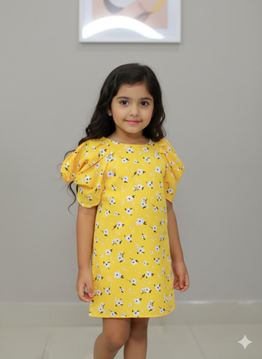 Stylish Yellow Polka Dot Dress with Puffed Sleeves and Matching Mask