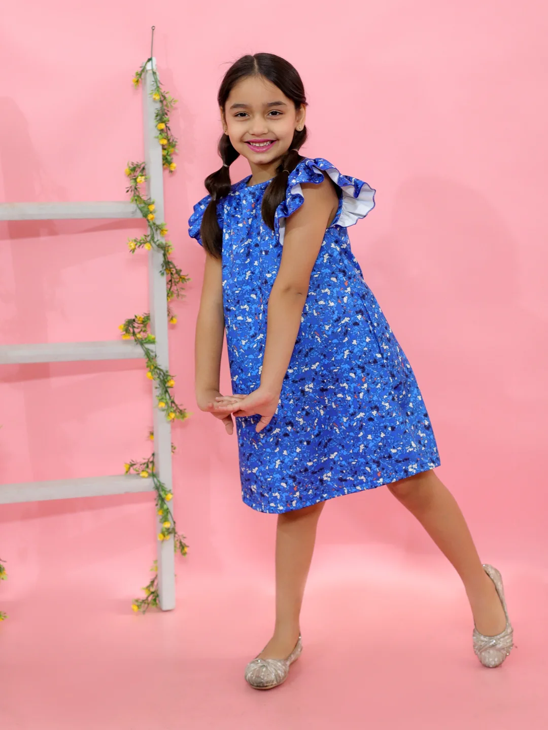 Flared sleeves all over printed A-Line knee length dress comes with concealed pockets blue view 2