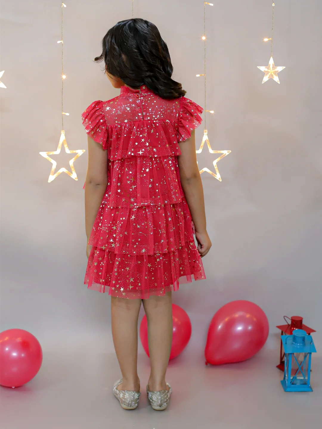 KIDSDEW SLEEVELESS LAYERED DRESS KNEE LENGTH STAR FOILED NET PARTY DRESS RED view 5