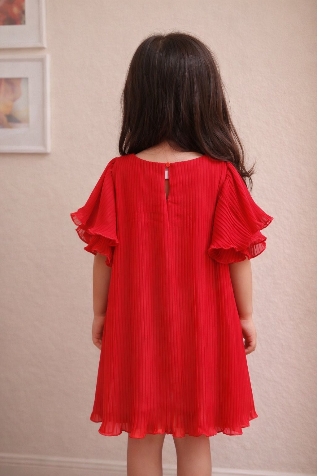 Little Girls Elegant Red Flutter Sleeve Dress view 2