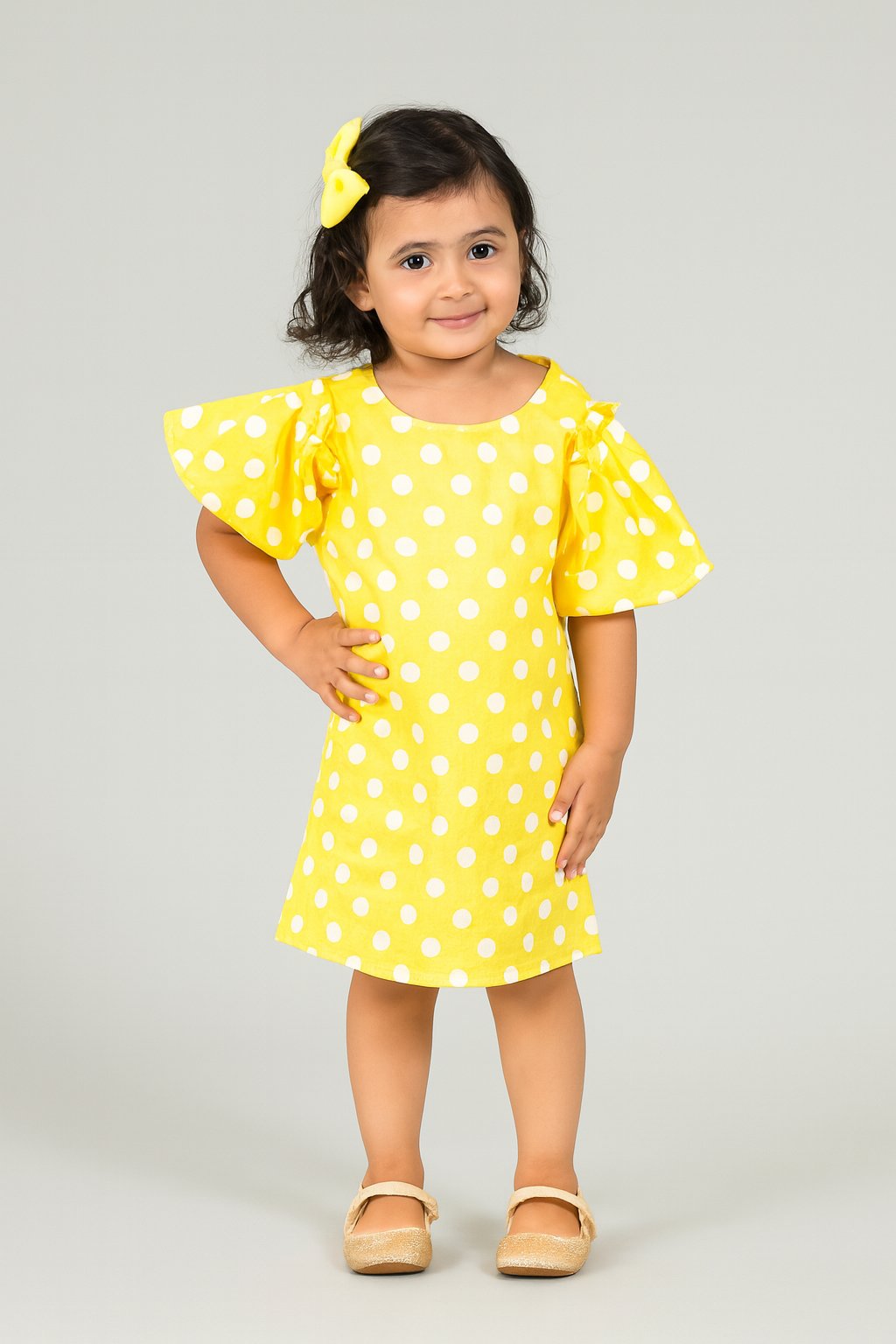 Charming Yellow Polka Dot Puffed Sleeves A-Line Dress