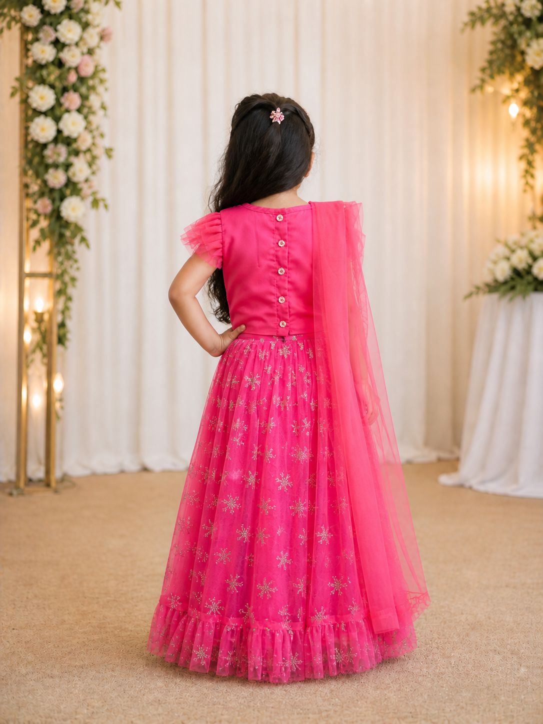 Elegant Pink Net Lehenga Set with Silver Sequin Top view 3