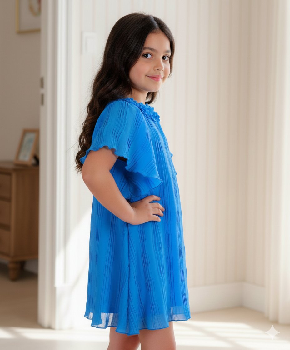 Flared Sleeves Knee Length A-Line pleated georgette casual dress blue view 3