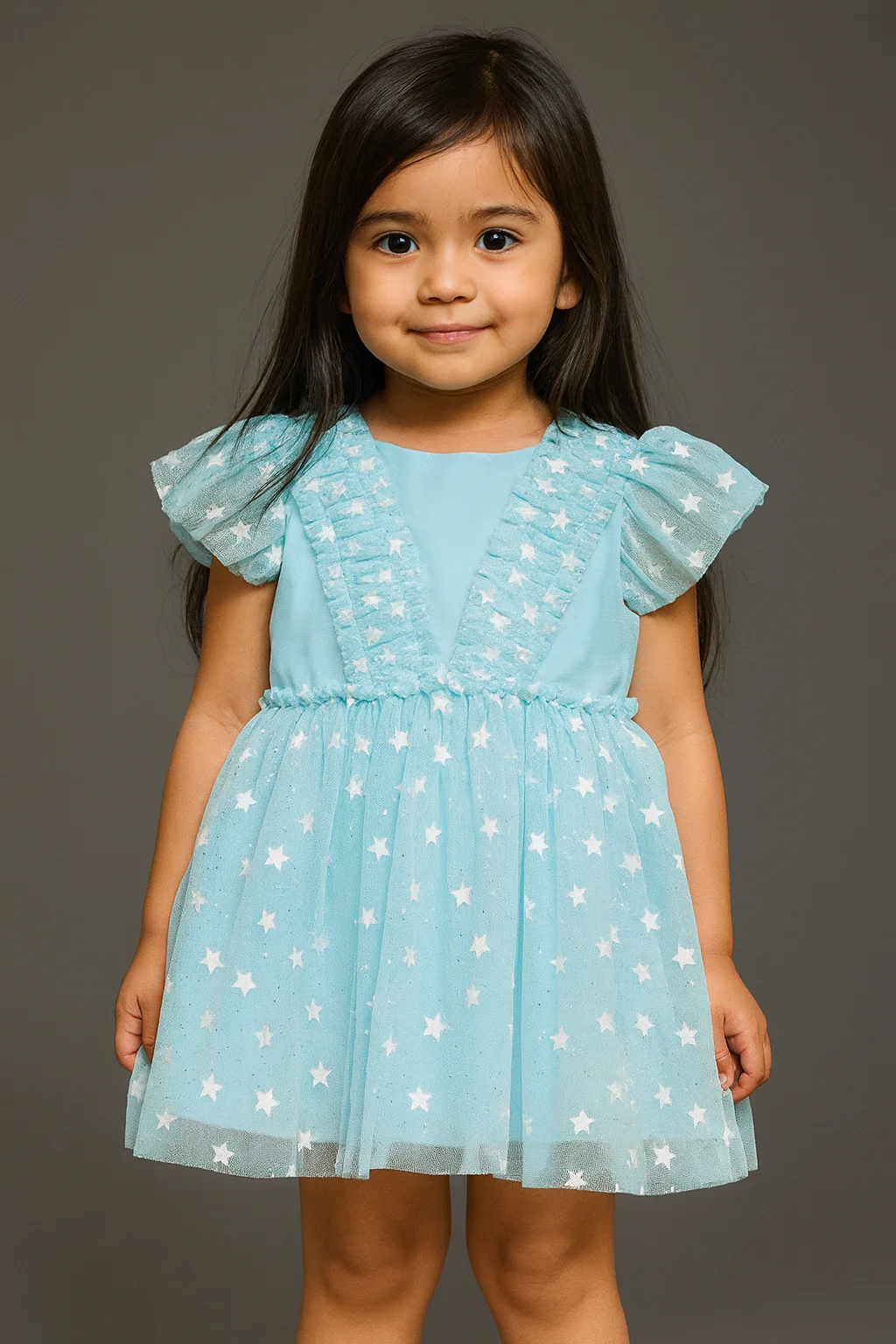 Kidsdew Star Print Net flared dress