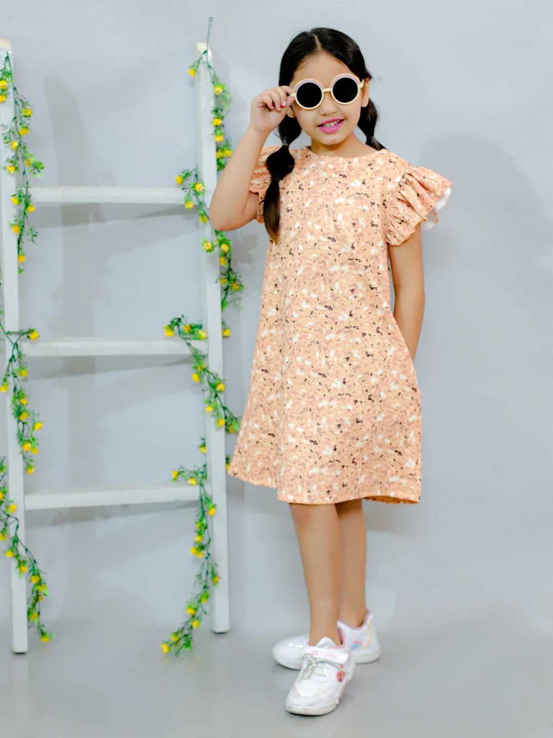 Flared sleeves all over printed A-Line knee length dress comes with concealed pockets yellow view 4