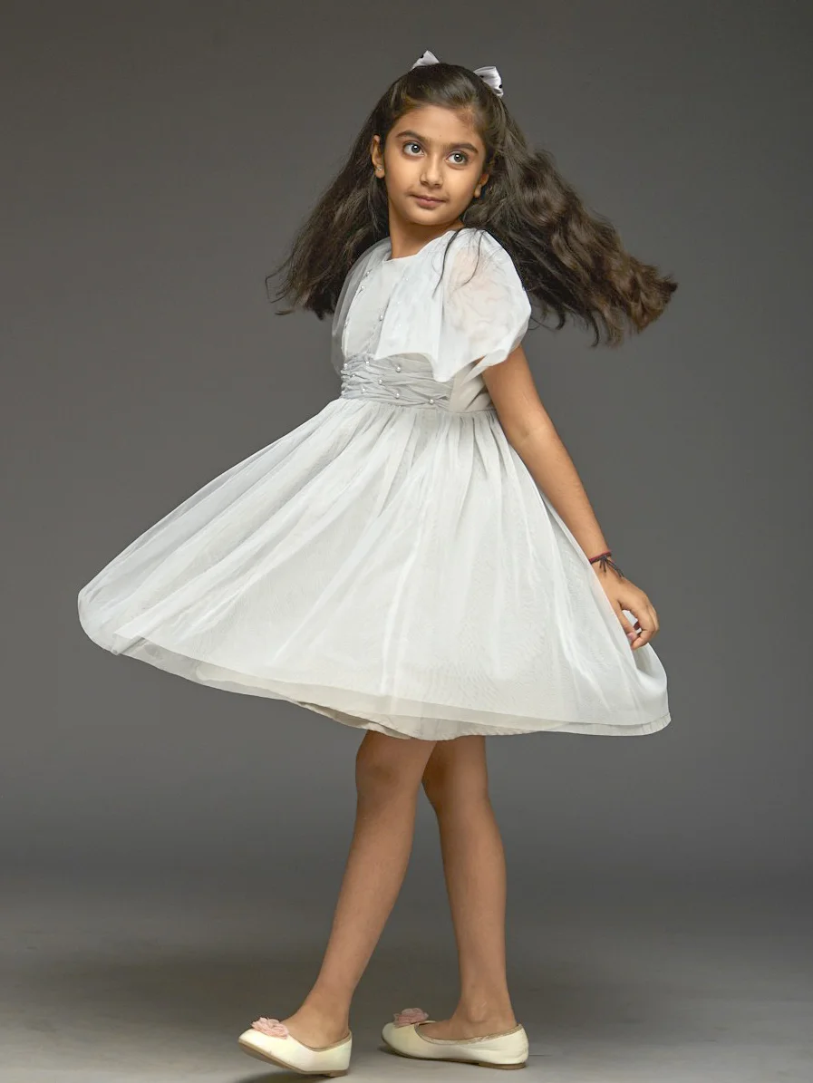 Kidsdew Sleeveless Net Fit and Flare Knee Length Dress Grey view 2