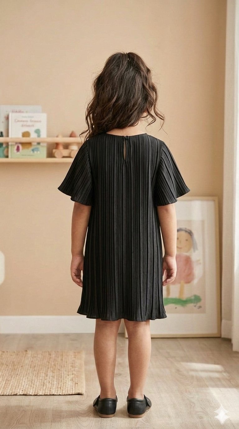 Classic Black Flutter Sleeve Pleated Dress view 3