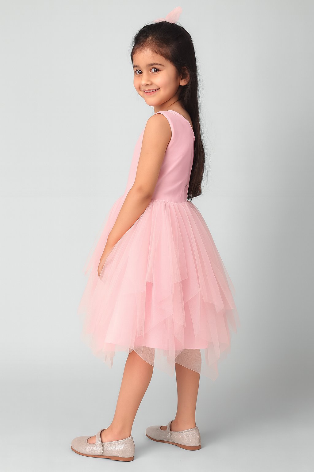 Charming Pink Sequenced Pleated Net Dress view 3