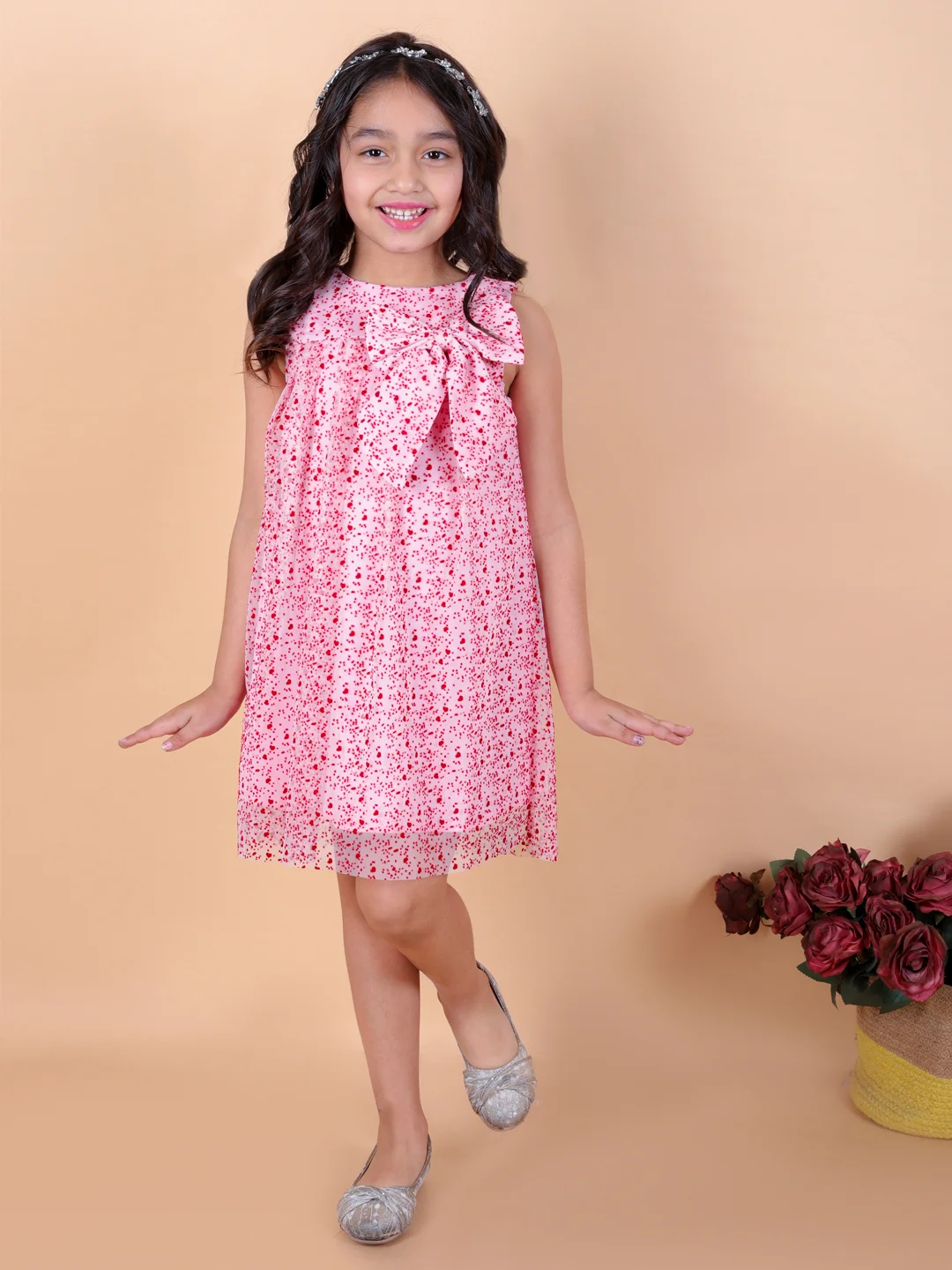 Sleeveless A-Line flocking net with Bow Knee Length Party Dress pink