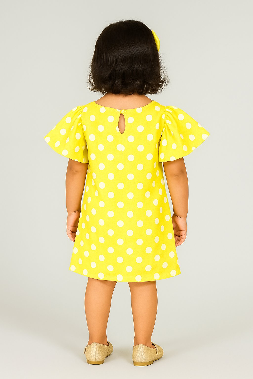 Charming Yellow Polka Dot Puffed Sleeves A-Line Dress view 3