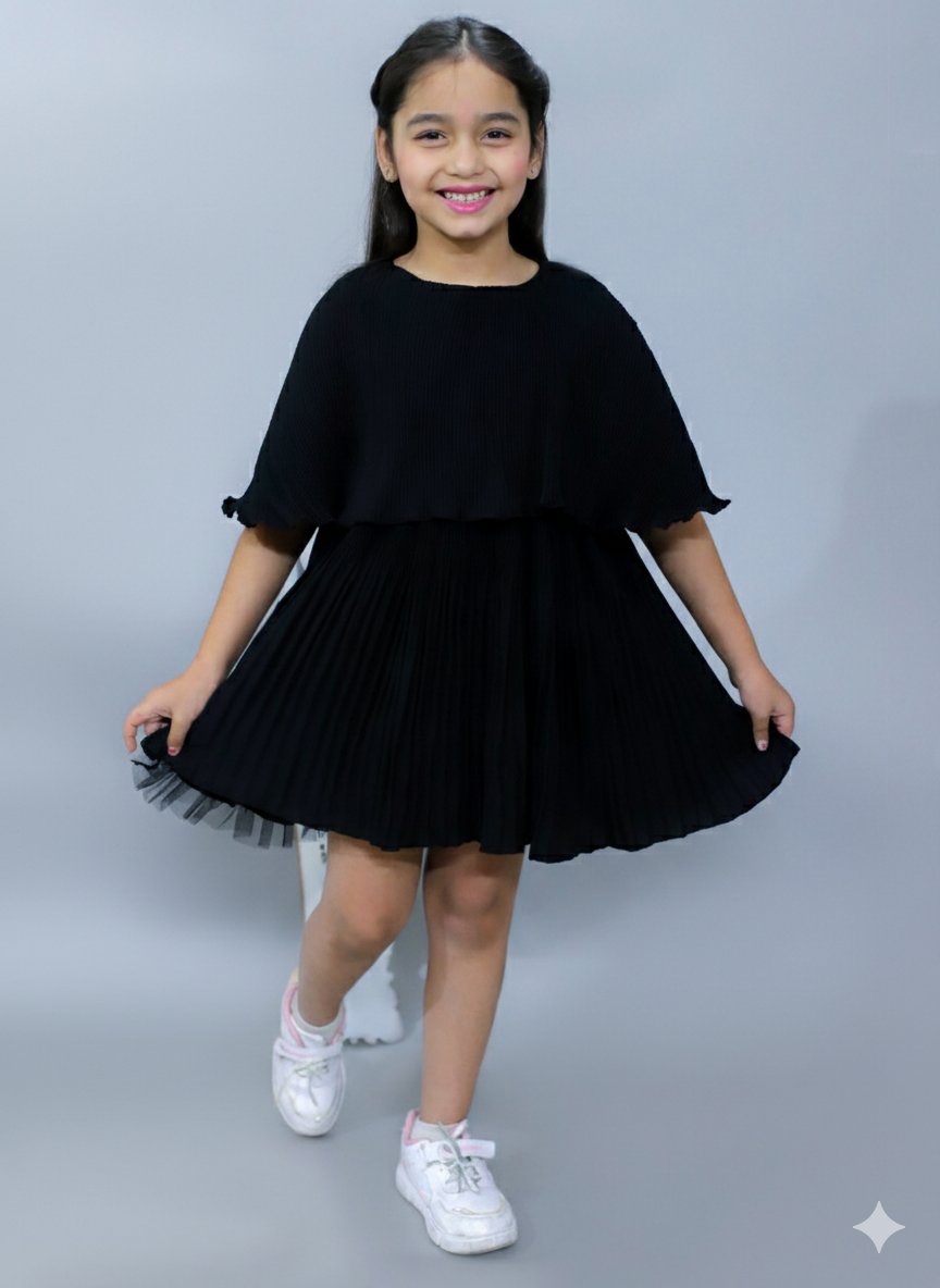 KidsDew double pleated layered cape Fit and flare knee length casual dress black