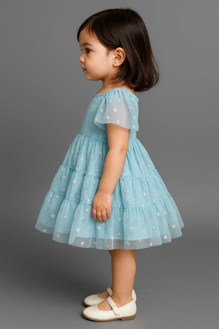 Kidsdew Shorts Sleeves Star Net Flared Dress view 2