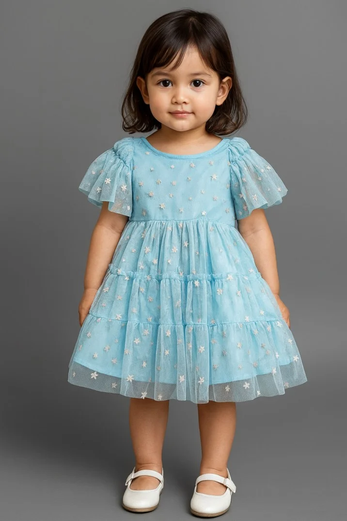 Kidsdew Shorts Sleeves Star Net Flared Dress