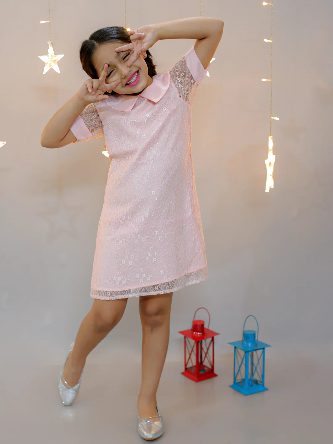 KIDSDEW HALF SLEEVES KNEE LENGTH A-LINE DESIGN NET DRESS WITH PETERPAN COLLAR PEACH view 2