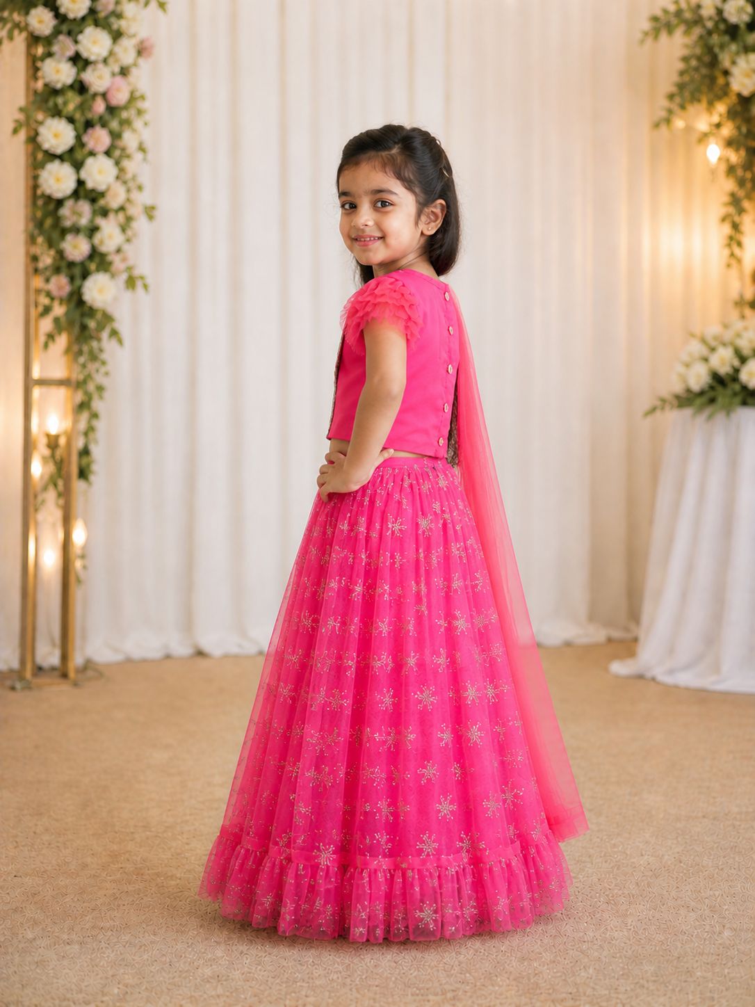 Elegant Pink Net Lehenga Set with Silver Sequin Top view 2