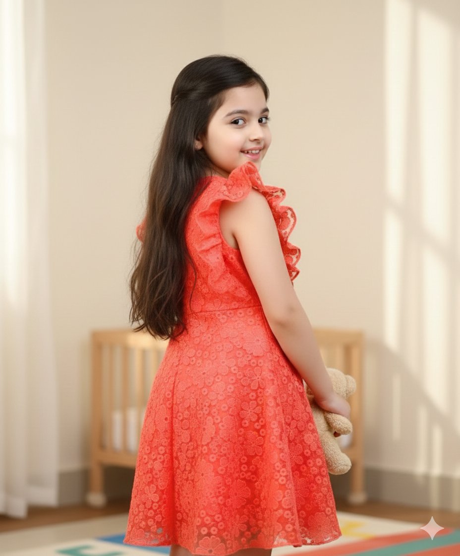 Vibrant Orange Girls’ Embroidered Organza Dress view 2